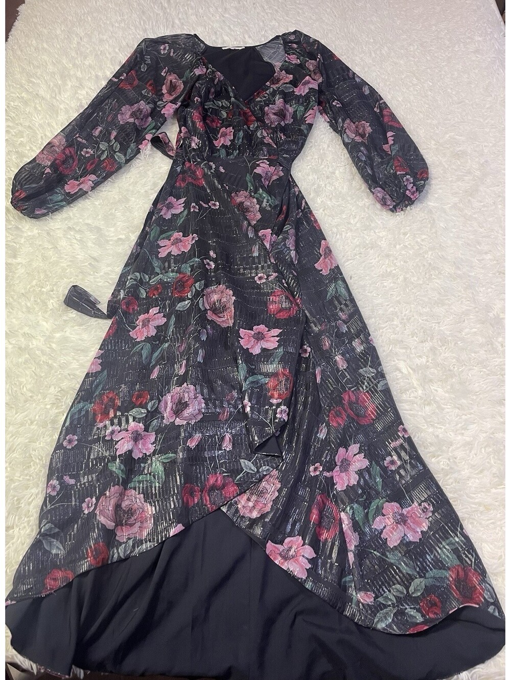 Revolve Tularosa Cora Wrap Dress Metallic Gown Black Purple Red Floral Small
